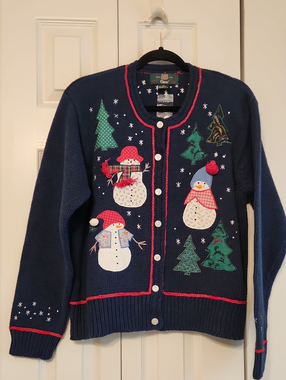 Vintage Style Orvis Navy Holiday Snowman Cardigan Sweater